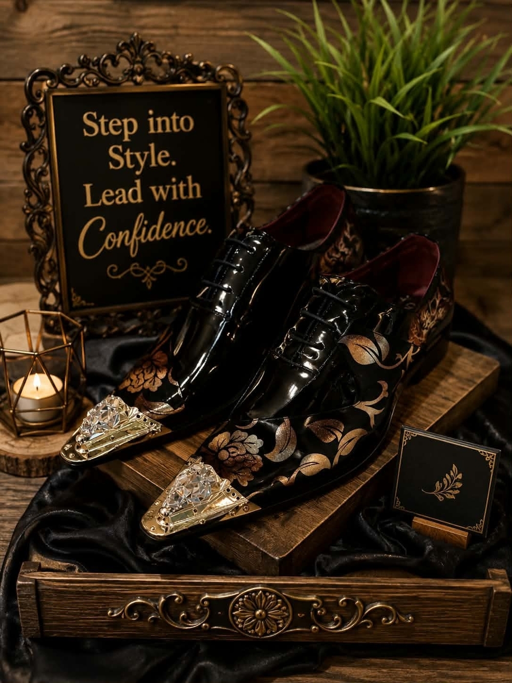 Men's Black Floral Patent Leather Dress Shoes with Gold Toe Caps